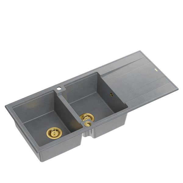 QUADRON EVAN 121 GraniteQ zlewozmywak z syfonem Push To Open 2-komorowy z/o (1160x500x210; kom. 420x340) silver stone / elementy złote HQE11650U5PVDG1P2O