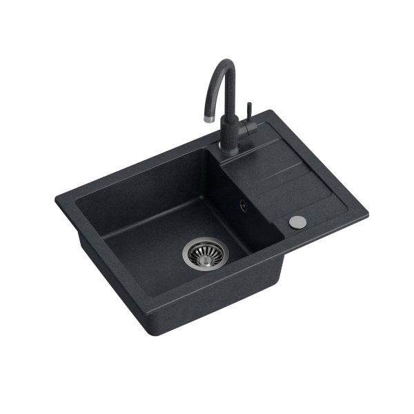 Quadron Zestaw GO-SMART zlewozmywak granitowy z baterią i deską – jednokomorowy, wpuszczany, czarny/elementy stalowe, bateria w kolorze, deska bambusowa TQ6244GSCZ