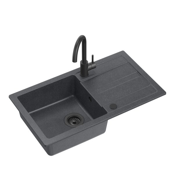 Quadron Zestaw GO-MAX zlewozmywak granitowy z baterią i deską – jednokomorowy, wpuszczany, very black/elementy czarne, bateria w kolorze, deska bambusowa TQ7744GMBLM