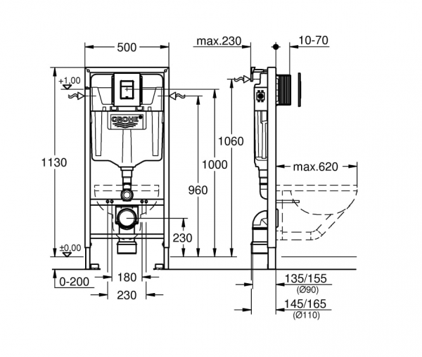 GROHE SOLIDO + SKATE/EVEN Zestaw instalacyjny 3w1 1,13 m 38811KF0 Stelaż podtynkowy do WC + przycisk uruchamiający