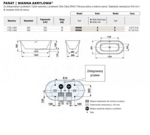 Ronal Glass 1989 Panay Wanna wolnostojąca 170x80 cm biały mat WK000G0