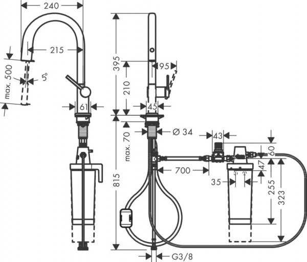 Hansgrohe Aqittura M91 Bateria kuchenna z wyciąganą wylewką z filtrem stal szlachetna szczotkowana 76801800