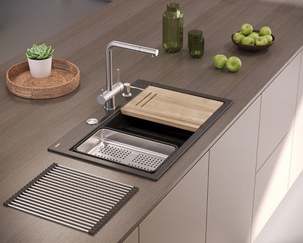 Quadron MARC 120 WORKSTATION GraniteQ zlewozmywak 2-komorowy 760*500*235 mm soft taupe + syfon push to open + dozownik + deska + wkładka / elementy złote HQC7650U4PVDG1