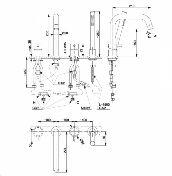 KFA MOZA BLACK bateria wannowa 4-otworowa 503521081