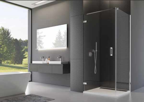 Ronal Sanswiss ścianka boczna 90° lub w linii 90x200 cm, szkło pas satynowy poziomy, profile chrom PUDT2P0901051