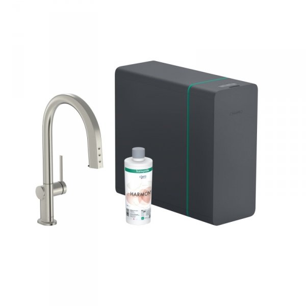 Hansgrohe Aqittura M91 SodaSystem 210 Bateria kuchenna wysoka z wyciąganą wylewką z filtrem stal szlachetna szczotkowana 76836800