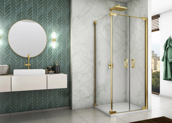 Ronal Sanswiss drzwi wahadłowe dwuczęściowe z profilem przyściennym 100x200 cm, szkło przezroczyste, profile GOLD LINE złoty CA2C1001207