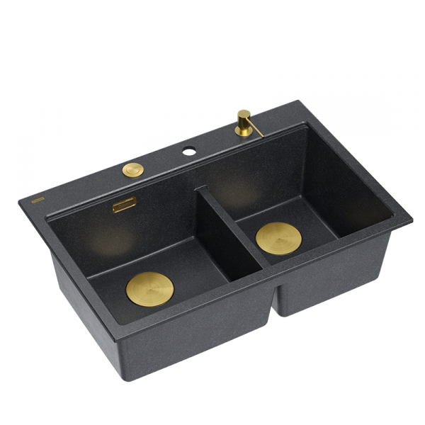 Quadron MARC 120 WORKSTATION GraniteQ zlewozmywak 2-komorowy 760*500*235 mm black diamond + syfon push to open + dozownik + deska + wkładka / elementy złote HQC7650U8PVDG1