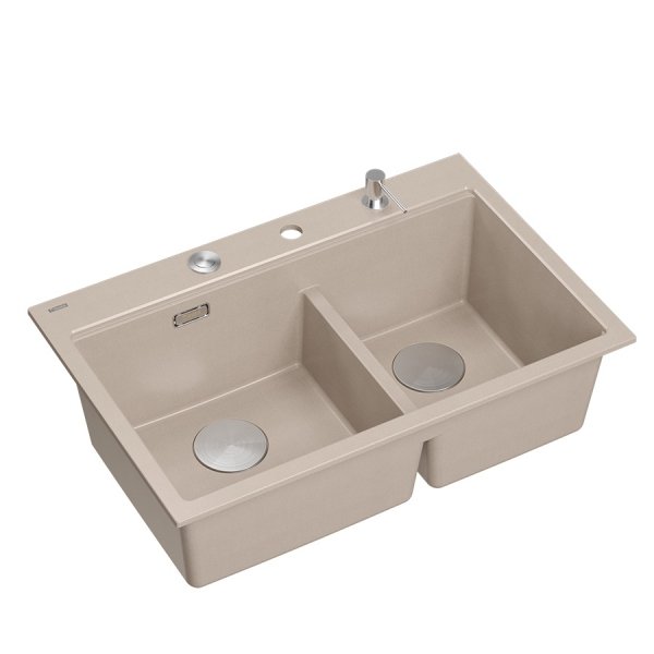 Quadron MARC 120 WORKSTATION GraniteQ zlewozmywak 2-komorowy 760*500*235 mm pearl beige + syfon push to open + dozownik stal szcz.+ wkładka ociekowa+ Qmata +deska/ elementy stalowe HQC7650U2BS