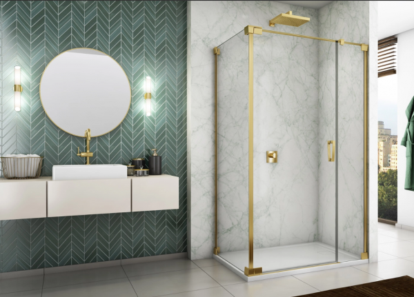 Ronal Sanswiss drzwi wahadłowe jednoczęściowe prawe ze ścianką stałą w linii 140,1-200x0-200 cm, szkło przezroczyste, profile GOLD LINE złoty CA31CDSM21207