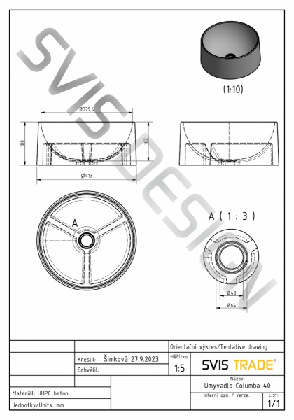 S.V.I.S. Design UMYWALKA 40 CM COLUMBA BASIC BEZ PRZELEWU - BARDZO JASNY KOBALTOWY, BEZ DEKORU, BEZ LAKIERU