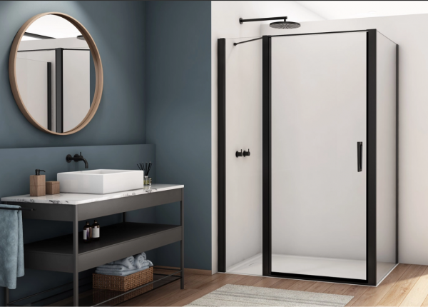 Ronal drzwi wahadłowe jednoczęściowe z elementem stałym w linii 110x200 cm, szkło przezroczyste, profile BLACK LINE czarny mat D22T13090200607