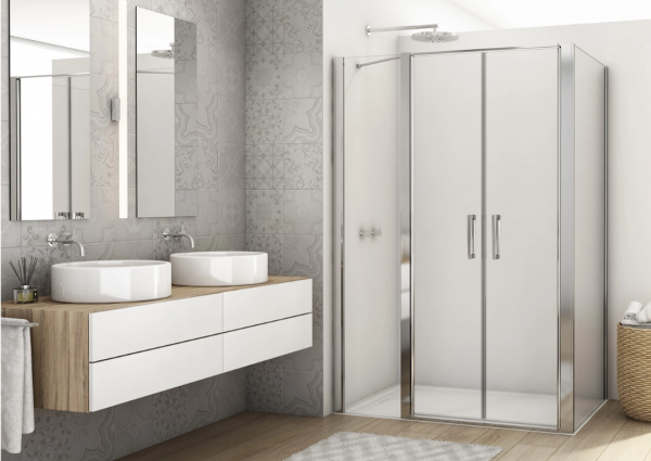 Ronal drzwi wahadłowe dwuczęściowe ze ścianką stałą w linii 100x200 cm, szkło przezroczyste, profile Srebrny połysk D22T32070305007