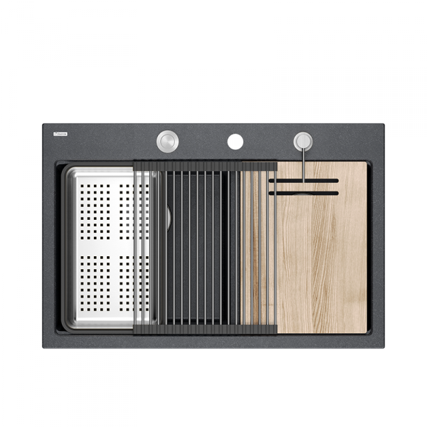 Quadron MARC 120 WORKSTATION GraniteQ zlewozmywak 2-komorowy 760*500*235 mm black diamond + syfon push to open + dozownik stal szcz.+ wkładka ociekowa+ Qmata +deska/ elementy stalowe HQC7650U8BS