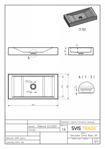  S.V.I.S.  Design UMYWALKA 60 CM SIRIUS BASIC - JASNOSZARY, BEZ DEKORU, BEZ LAKIERU