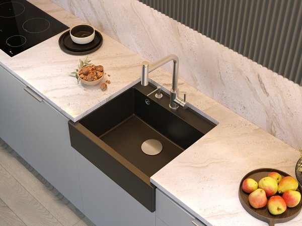 QUADRON BILL 110 GRANITEQ zlewozmywak wpuszczany 1-komorowy 595x540x205 mm, snow white / elementy miedziane HCQB6054U1PVDC1