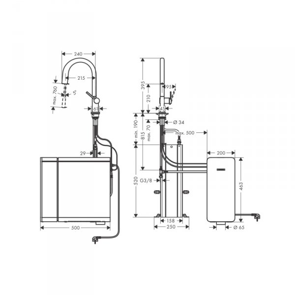 Hansgrohe Aqittura M91 SodaSystem 210 Bateria kuchenna wysoka z wyciąganą wylewką z filtrem stal szlachetna szczotkowana 76836800