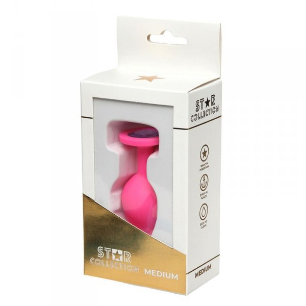 Star Collection - Pink Silicone Anal Plug M - Purple Stone