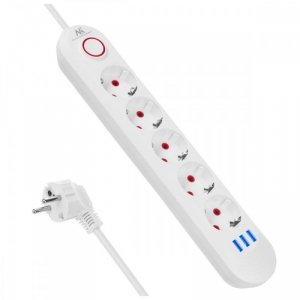Maclean Listwa zasilająca 5 gniazd MCE395 W 3xUSB, 110-240v AC 50/60Hz, 2,1A max 2500W, biała