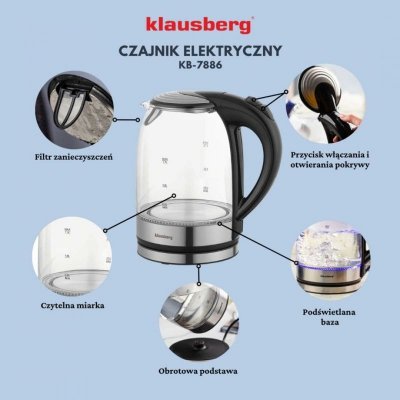 CZAJNIK ELEKTRYCZNY SZKLANY 1,7L KLAUSBERG KB-7886 LED