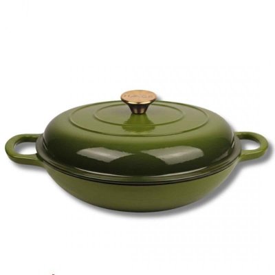EMALIOWANY GARNEK ŻELIWNY PŁASKI 30cm 3L HAGE OLIWKOWY