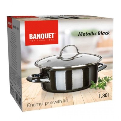GARNEK EMALIOWANY 18cm 1,3L Z POKRYWĄ BANQUET METALLIC BLACK