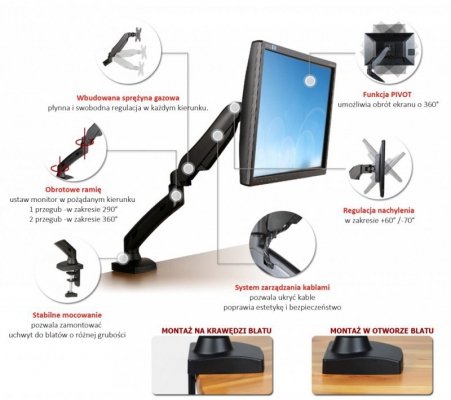 ART Uchwyt biurkowy na sprężynie gazowej do 1 monitora LCD/LED 13-27&quot;            L-11GD