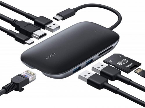 AUKEY CB-C71 aluminiowy HUB USB-C | 8w1 | RJ45 Ethernet 10/100/1000Mbps | 3xUSB 3.1 | HDMI 4k@30Hz | SD i microSD | USB-C Power 