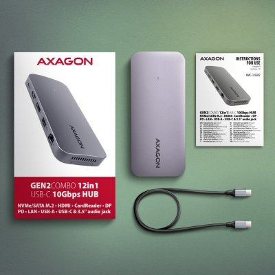 AXAGON HMC-12GM2 Wieloportowy hub USB 12in1 + M.2 NVMe/SATA pozycja, 10Gbps, 3x USB-A, USB-C, HDMI 4K/60Hz, DP 4K/60Hz, GLAN, SD