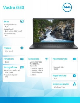 Dell Laptop Vostro 15 (3530) Win11Pro i7-1355U/16GB/512GB SSD/15.6 FHD/Intel Iris Xe/FgrPr/Cam & Mic/WLAN + BT/Backlit Kb/4 Cell