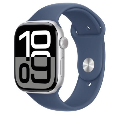 Apple Watch Series 10 GPS + Cellular, koperta 46 mm z aluminium w kolorze srebrnym z paskiem sportowym w kolorze denim - rozmiar