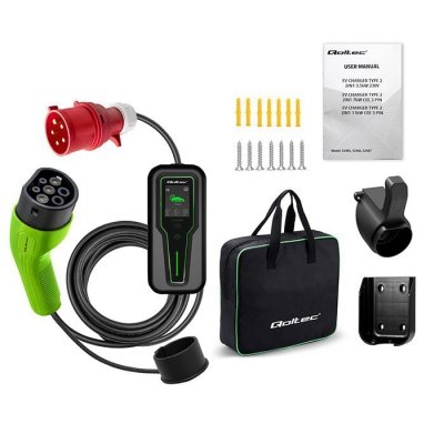 Qoltec Mobilna ładowarka do samochodu elektrycznego EV z regulacją 2w1  Typ2 | 11kW | 3 Fazy | CEE 5 PIN | LCD | Przenośna | Wal