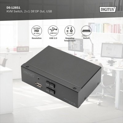 Digitus Przełącznik KVM, 2 portowy, 4K 60Hz, 2xDisplayPort IN, 1xDisplayPort OUT, 2xUSB, 2xAudio IN&OUT