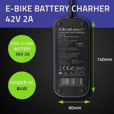 Qoltec Ładowarka do roweru skutera elektrycznego 36V | 42V | 2A | 5.5*2.5 + wodoodporna + kabel zasilający
