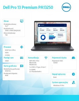 Dell Laptop Dell Pro 13 Premium PA13250 W11P U7-268V/32GB/512GB SSD/13.3 QHD+ Touch/Arc/FgrPr/Cams&Mic/5G WWAN+BT/BcklKb/3C/vPro