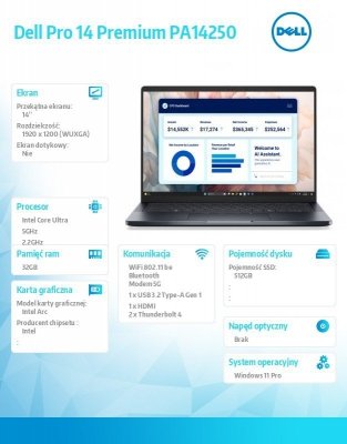Dell Laptop Dell Pro 14 Premium PA14250 W11P U7-268V/32GB/512GB SSD/14.0 FHD+/Arc/FgrPr/Cams&Mic/5G WWAN+BT/BcklKb/3C/vPro/3YPS 