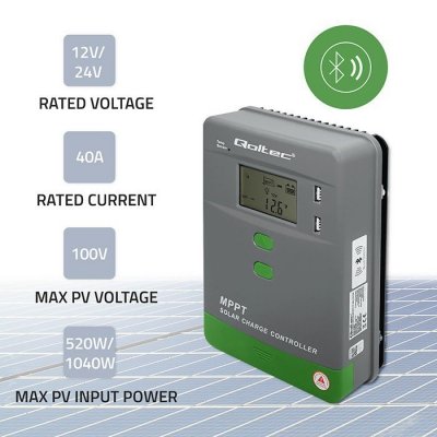 Qoltec Solarny regulator ładowania MPPT z czujnikiem temperatury 40A |  12V/24V | LCD | 2xUSB | Bluetooth | APP | GEL | LiFePO4
