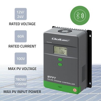 Qoltec Solarny regulator ładowania MPPT z czujnikiem temperatury 60A |  12V/24V | LCD | Bluetooth | APP | GEL | LiFePO4