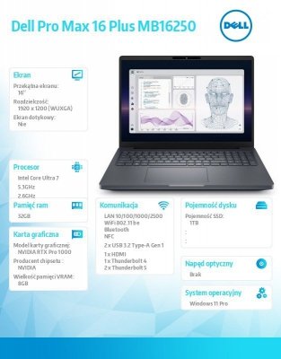 Dell Stacja robocza Dell Pro Max 16 Plus MB16250 W11P U7-265HX|32GB|1TB|Nvidia RTX PRO 1000|FgrPr & SmtCd |Cam|WLAN + BT|16.0 FH