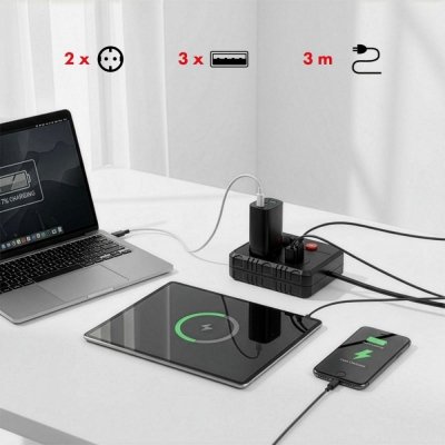 Maclean Listwa zasilająca MCE388 B 2 gniazda, 3xUSB, 110-120V AC 50/60Hz, 2.1A max 2500W, 3m czarna