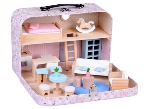 KWIECISTY Domek dla lalek w zamykanej walizce + drewniane mebelki ZA5930