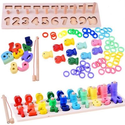 Drewniana edukacyjna układanka CYFRY Liczydło Wędka Łowienie rybek ZA3109