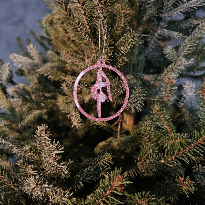 Pink Glitter Poledance Ornament and Christmas tree lights. Unique Aerial Fitness Gift
