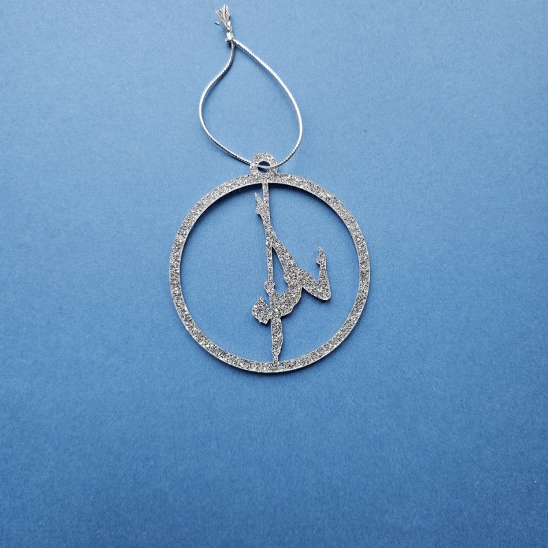 Amira Perun Silver Glitter Pole Dance Ornament Pose 3. Sleek handmade Xmas decoration