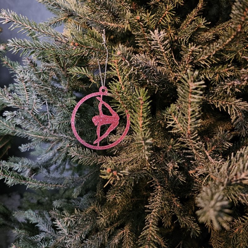 Pink Glitter Pole Dance Xmas Gift Ornament on a fully decorated Christmas tree