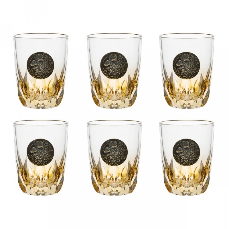 Szklanki do whisky Golden Fox Fire Amber Dzik zdobione odlewanym elementem, bursztynowy natrysk 6 szt.