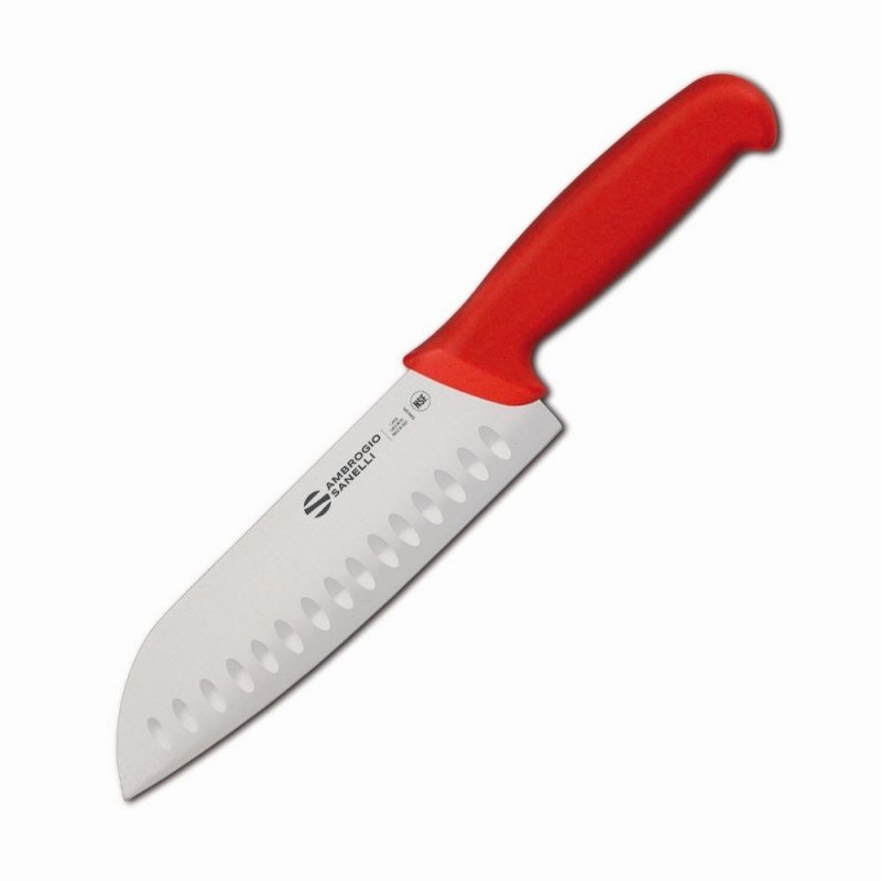 Nóż Santoku Sanelli Ambrogio Supra, ostrze granton, 18 cm, czerwony