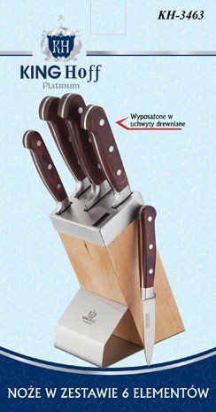 Zestaw noży Kinghoff KH-3463 - 6 elementów, stal nierdzewna, drewniany blok, do krojenia i przygotowywania potraw - Kinghoff