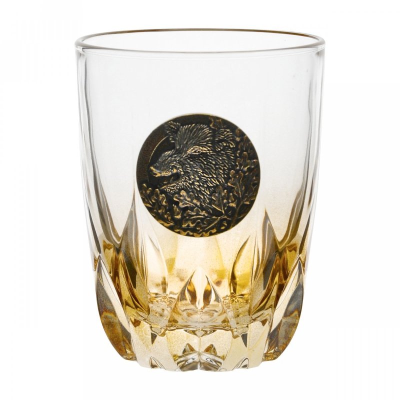 Szklanki do whisky Golden Fox Fire Amber Dzik zdobione odlewanym elementem, bursztynowy natrysk 6 szt.