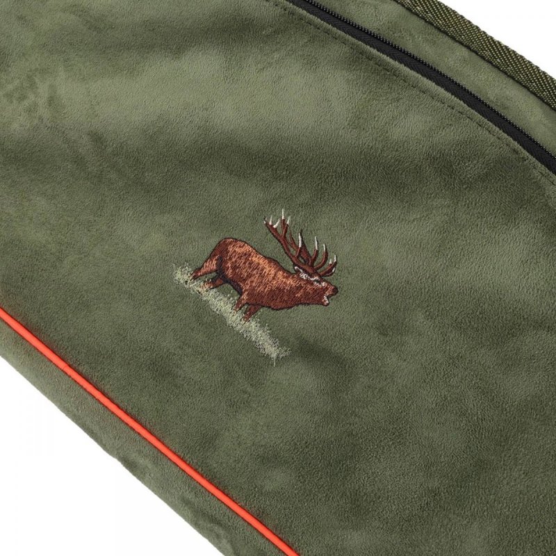 Pokrowiec na broń zamszowy L2ZPLUS 03 1,25m, kolor oliwkowy, biza pomarańczowa, haft jeleń ryczy w trawie